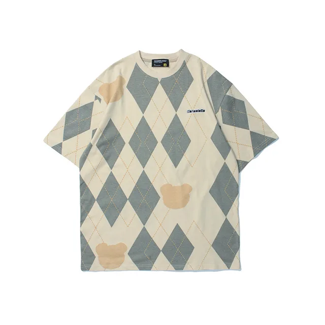 Simple Plaid Print Short Sleeved T Shirt Men Apricot - Shop at LoveMi