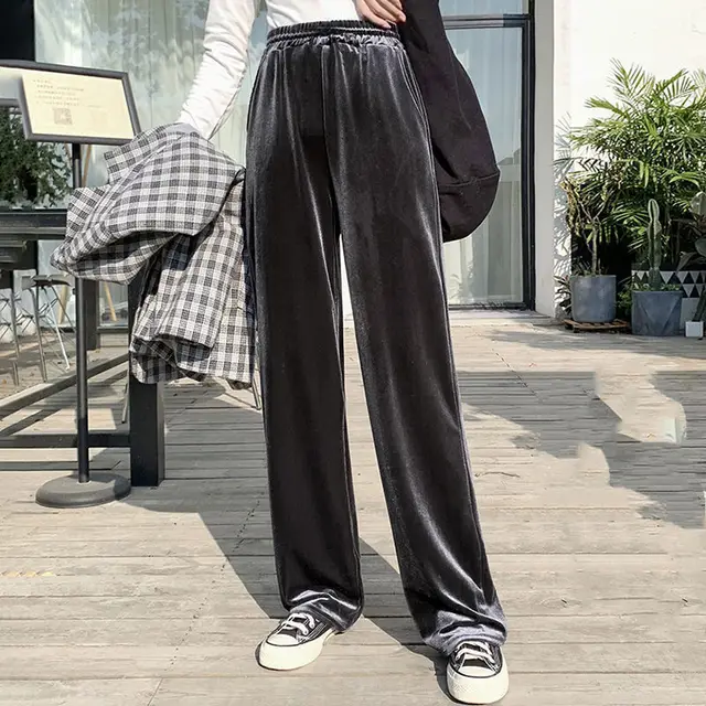 Thin Black Autumn And Winter Plus Velvet Thick Korean Loose Mopping Pants Grey - Shop at LoveMi