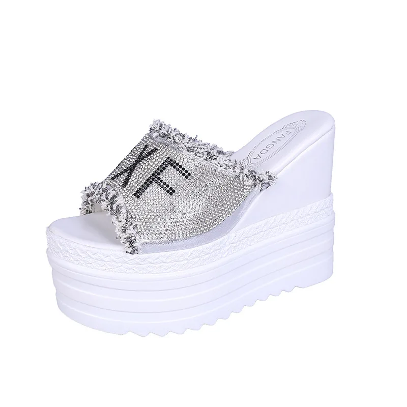 Platform Sandals And Slippers With Wedge Heel And Rhinestones White - Shop at LoveMi