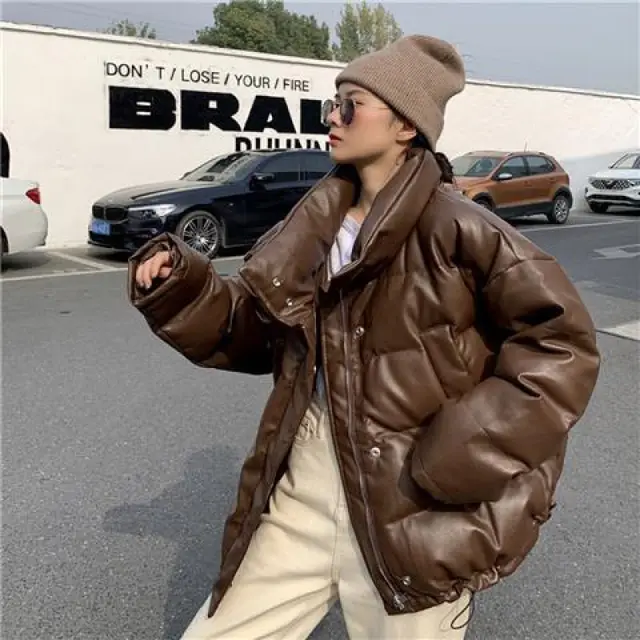 Style Retro Thick Leather Padded Jacket Brown - Shop at LoveMi