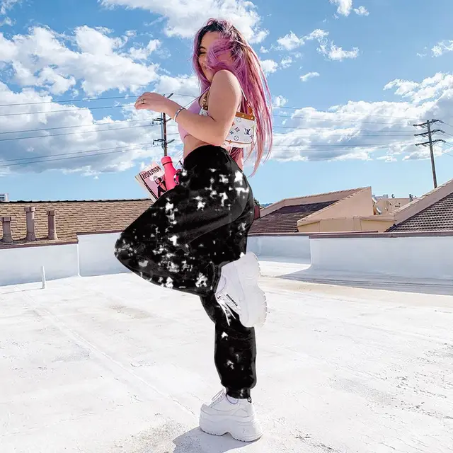 Elastic High Waist Tie dye Rainbow Color Slimming Casual Pants Black - Shop at LoveMi