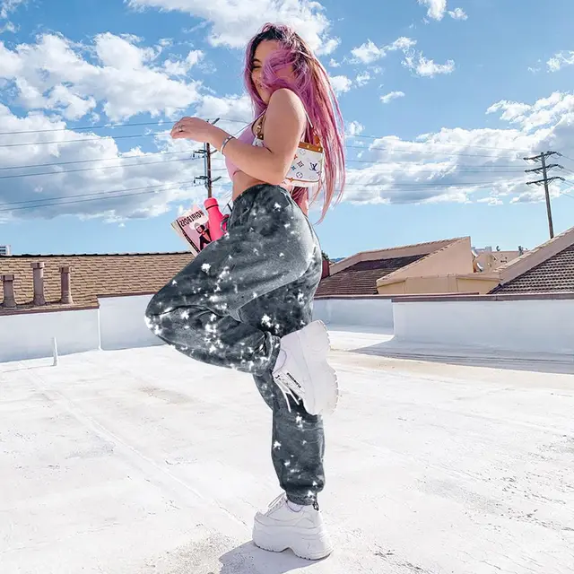 Elastic High Waist Tie dye Rainbow Color Slimming Casual Pants Grey - Shop at LoveMi