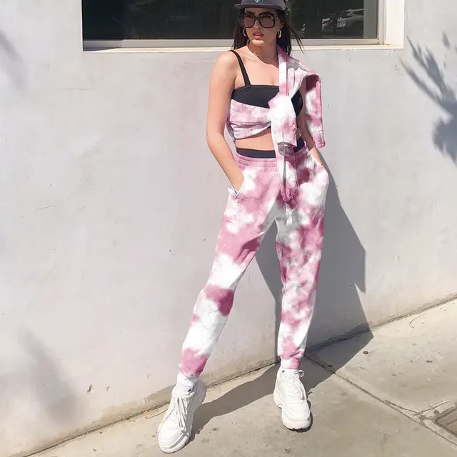 Elastic High Waist Tie dye Rainbow Color Slimming Casual Pants Pink - Shop at LoveMi