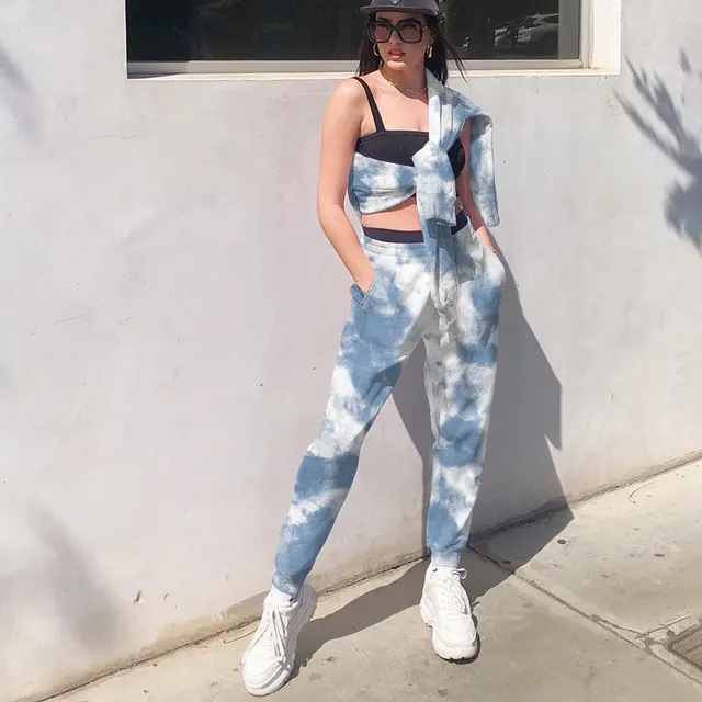 Elastic High Waist Tie dye Rainbow Color Slimming Casual Pants Royal Blue - Shop at LoveMi