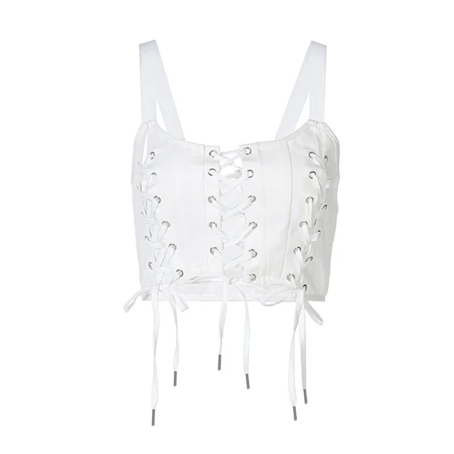 The New Chest Lace up Hollow Tying Rope Ultra Short Vest White - Shop at LoveMi