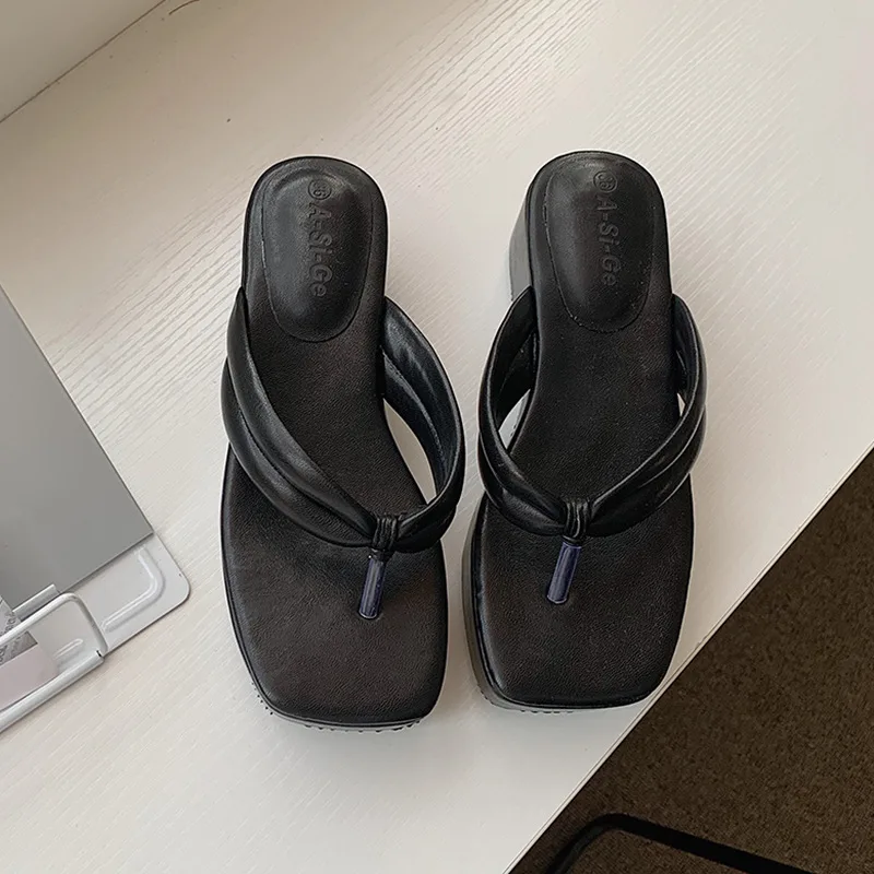 Square Toe Chunky Heel Flip Flops High Heel Sandals Platform Flip Flops Sandals Black - Shop at LoveMi
