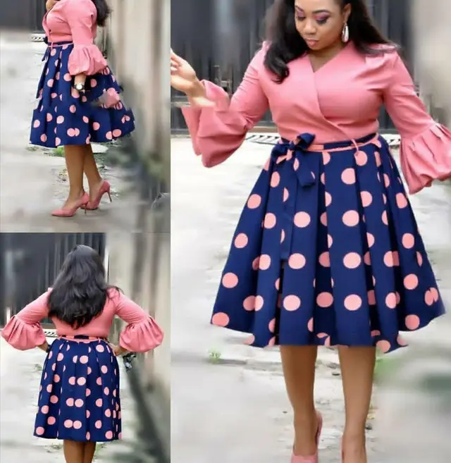 Large Size V neck Lantern Sleeves Color Matching Pleated Pleated Skirt Pink - Shop at LoveMi
