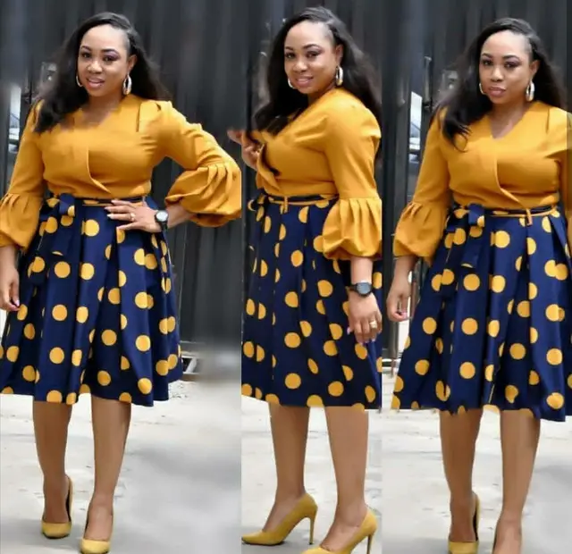 Large Size V neck Lantern Sleeves Color Matching Pleated Pleated Skirt Yellow - Shop at LoveMi