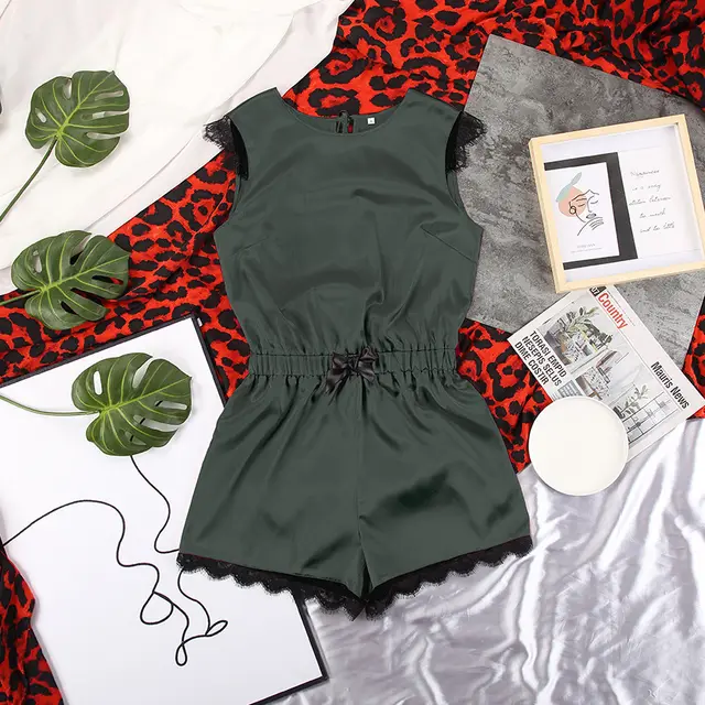 Sexy Halter Satin Vest One Piece Pajamas Women Green - Shop at LoveMi