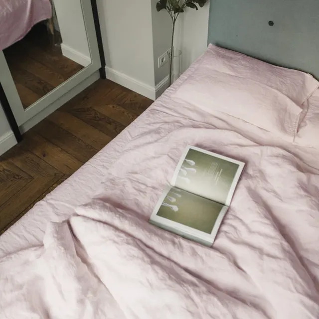 Linen four piece set Nordic style solid color washed antibacterial bed linen bed sheet quilt cover bedding ins wind three piece set Pink - Shop at LoveMi