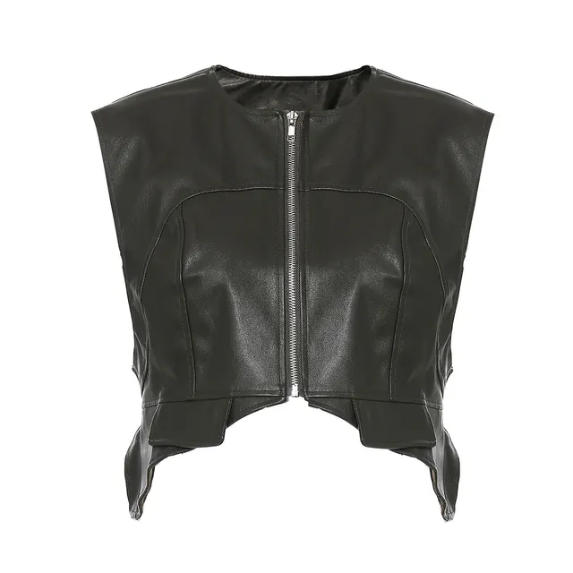 Irregular Zipper Cardigan Leather Vest Dark Green - Shop at LoveMi