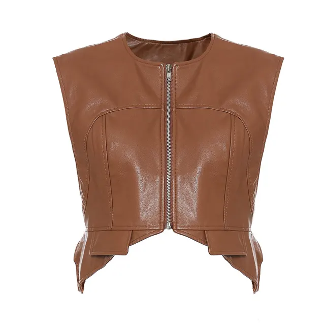 Irregular Zipper Cardigan Leather Vest Khaki - Shop at LoveMi