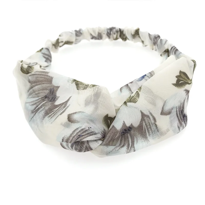 Simple Retro Printed Cross Elastic Camellia Headband - Beige