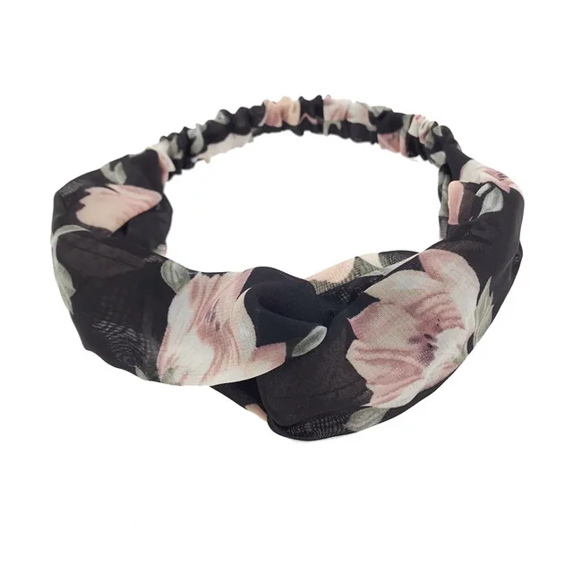 Simple Retro Printed Cross Elastic Camellia Headband Black - Shop at LoveMi