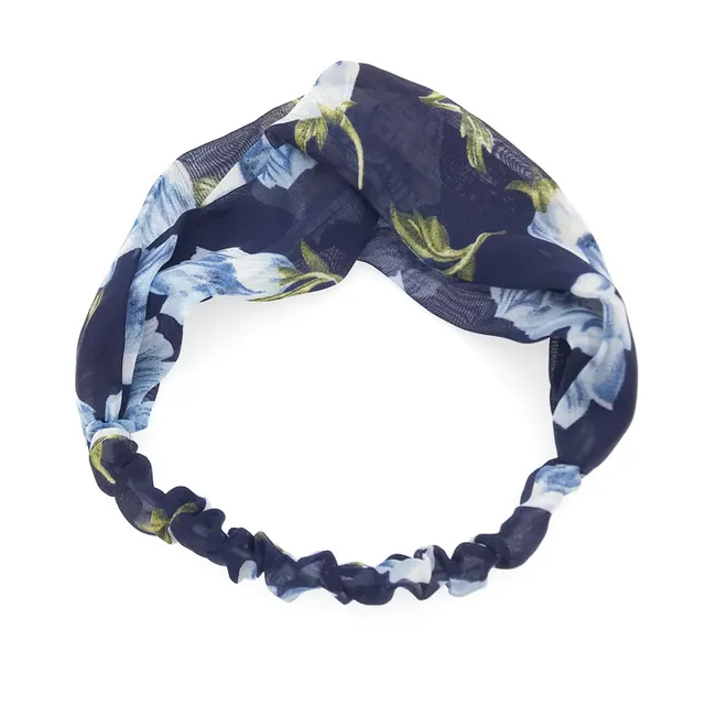 Simple Retro Printed Cross Elastic Camellia Headband Navy Blue - Shop at LoveMi