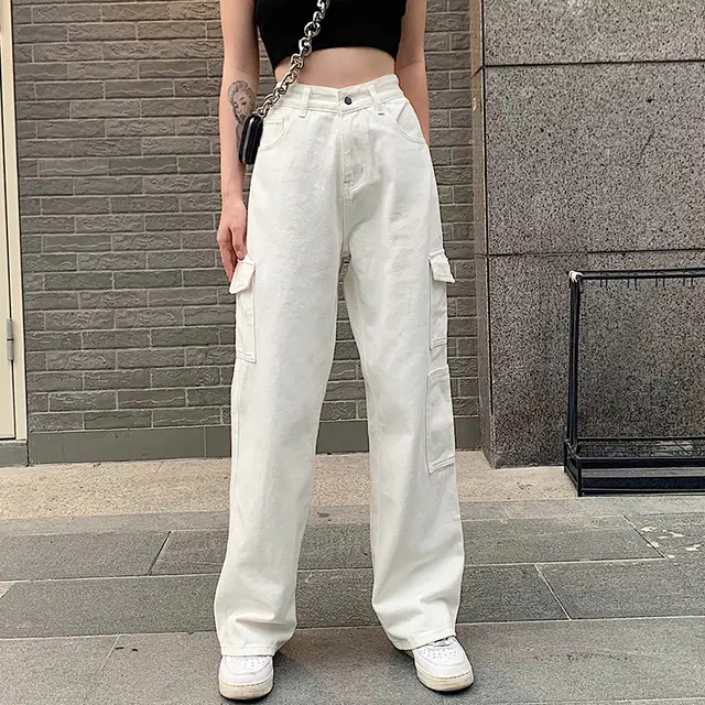 Loose High Waist Japanese Large Pocket Tooling Mopping Trousers White - Shop at LoveMi