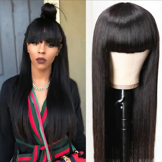 Qi Liuhai Black Long Straight Hair High Temperature Wire Full Wig Black - Shop at LoveMi