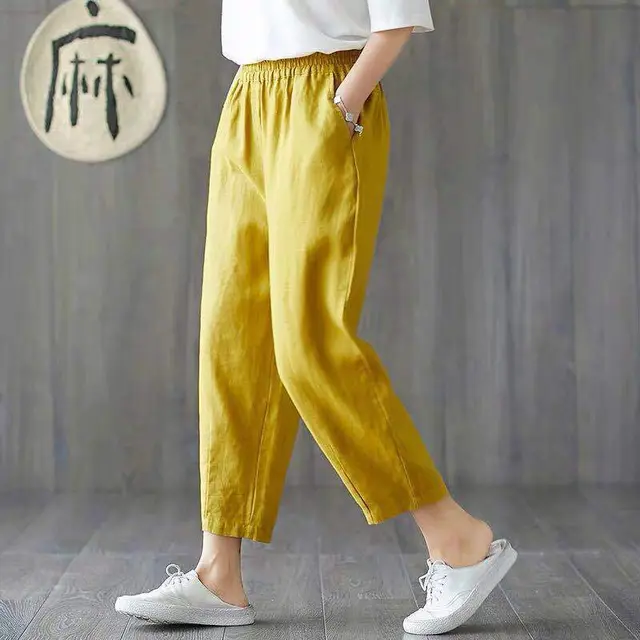 Loose All Match Beamed Harlan Casual Pants Thin Nine Point Carrot Pants Yellow - Shop at LoveMi