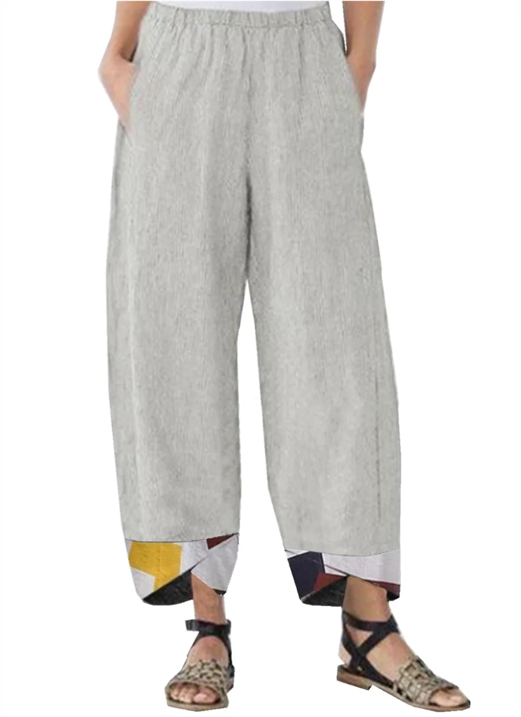 Patchwork Loose Casual Straight-Leg Women's Trousers - Apricot