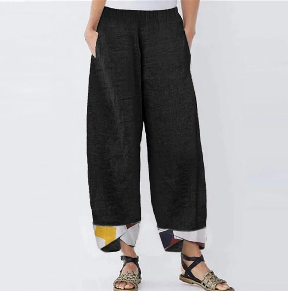 Patchwork Loose Casual Straight-Leg Women's Trousers - Black