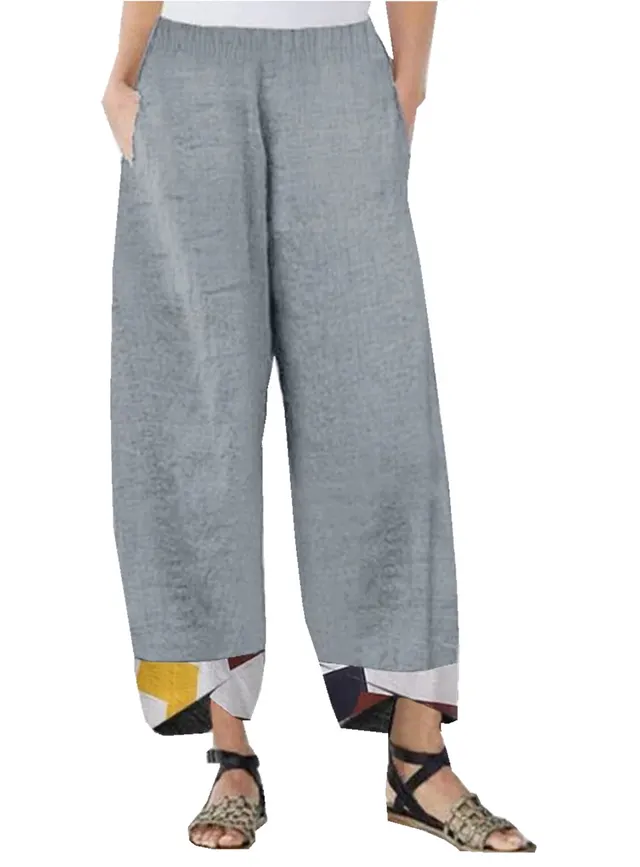 Patchwork Loose Casual Straight Leg Women's Trousers Grey - Shop at LoveMi