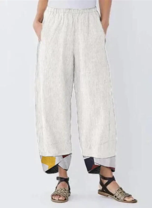 Patchwork Loose Casual Straight Leg Women's Trousers White - Shop at LoveMi
