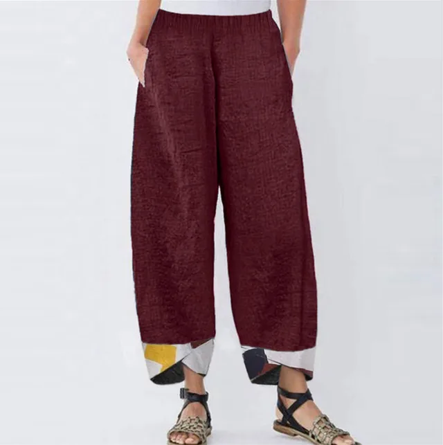 Patchwork Loose Casual Straight Leg Women's Trousers Wine Red - Shop at LoveMi