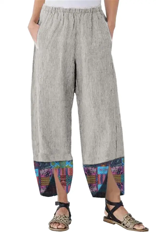 Women's Loose Casual Print Stitching Trousers Apricot - Shop at LoveMi