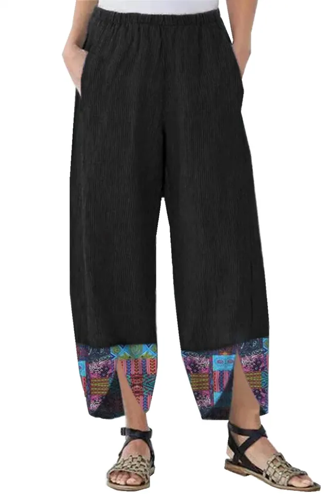 Women's Loose Casual Print Stitching Trousers Black - Shop at LoveMi