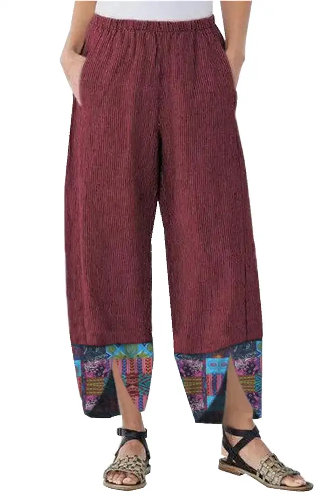 Women's Loose Casual Print Stitching Trousers Wine Red - Shop at LoveMi