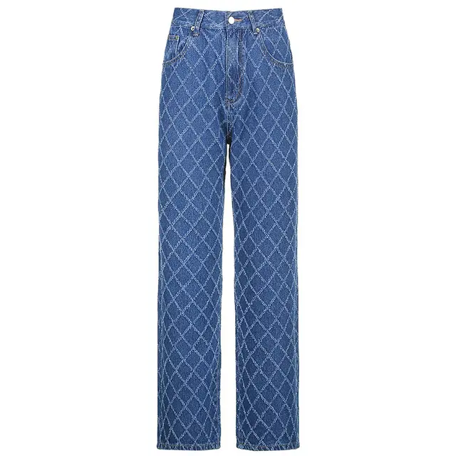 Rhombus Check Textured Straight Jeans Blue - Shop at LoveMi
