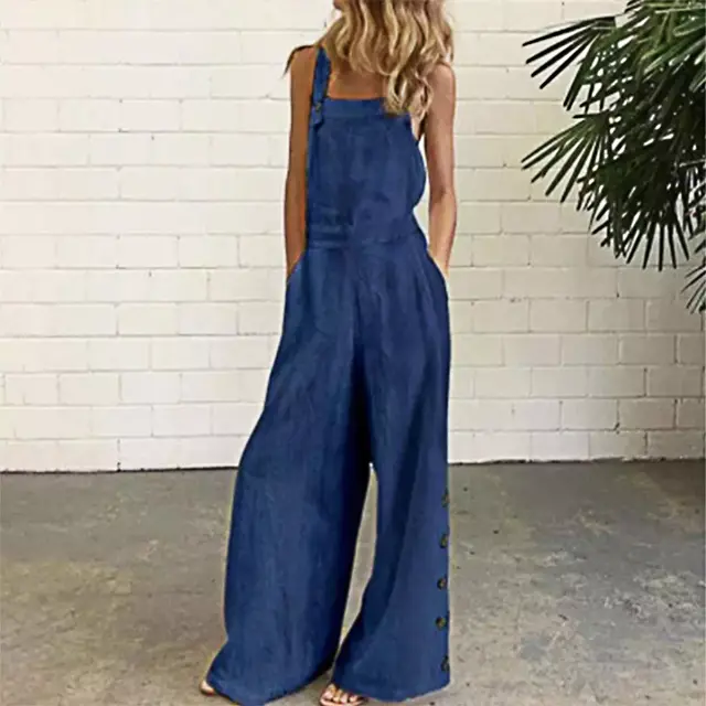 Retro Side Pocket Casual Wide Leg Side Buckle Jumpsuit Dark Blue - Shop at LoveMi