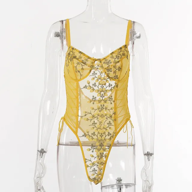 Lace Embroidery See through Bodysuit Base Coat Bright Yellow - Shop at LoveMi