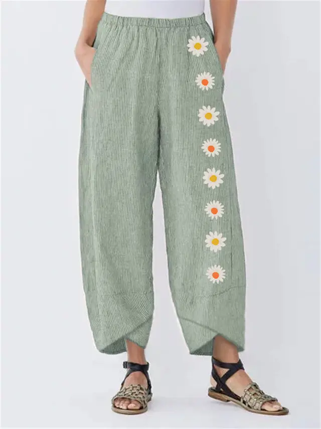 Flower Print Solid Color Cotton And Linen Wide Leg Trousers Green - Shop at LoveMi