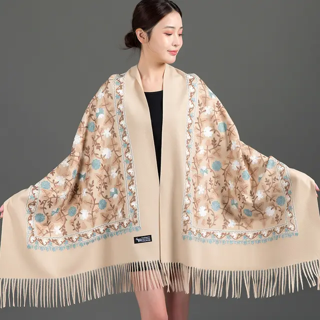 Embroidered Shawl Warmth And Thick Fringed Cashmere Scarf Beige - Shop at LoveMi