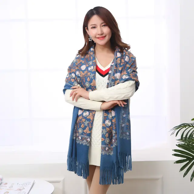 Embroidered Shawl Warmth And Thick Fringed Cashmere Scarf Denim Blue - Shop at LoveMi