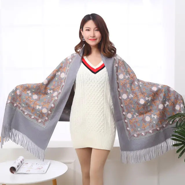 Embroidered Shawl Warmth And Thick Fringed Cashmere Scarf Medium Grey - Shop at LoveMi