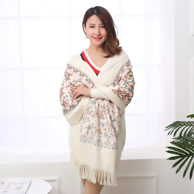 Embroidered Shawl Warmth And Thick Fringed Cashmere Scarf Off White - Shop at LoveMi