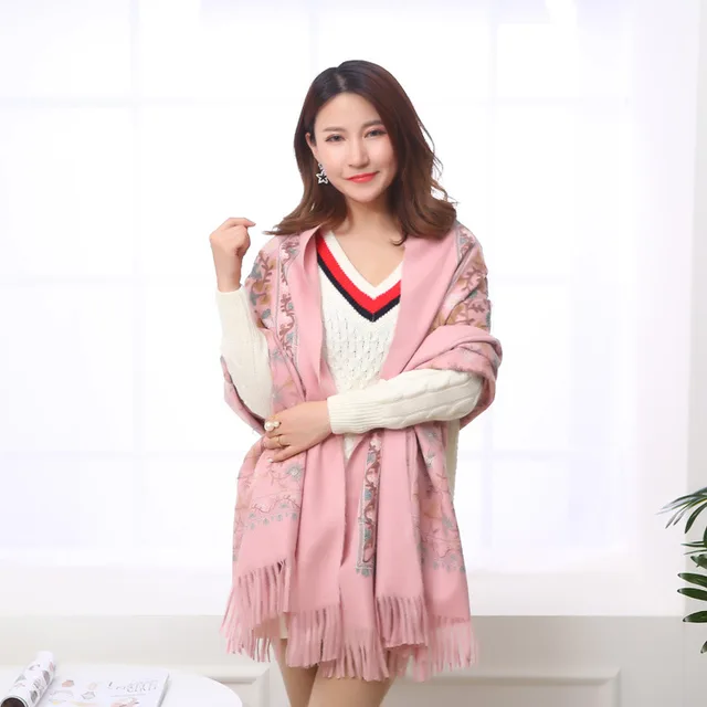 Embroidered Shawl Warmth And Thick Fringed Cashmere Scarf Pink - Shop at LoveMi