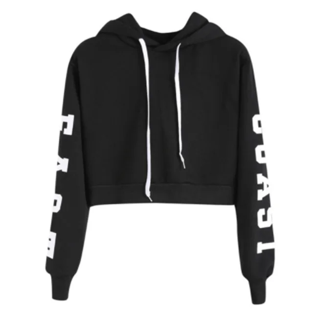 Hooded Short Letter Print Long sleeve Cropped Sweatshirt Black - Shop at LoveMi