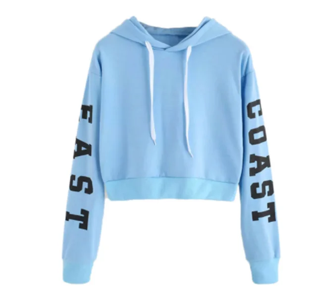 Hooded Short Letter Print Long sleeve Cropped Sweatshirt Blue - Shop at LoveMi