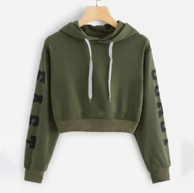 Hooded Short Letter Print Long sleeve Cropped Sweatshirt Green - Shop at LoveMi