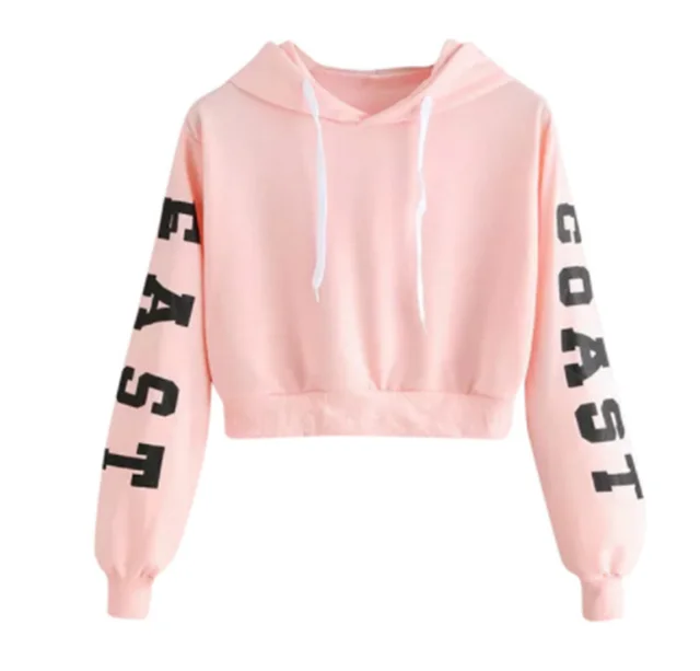 Hooded Short Letter Print Long sleeve Cropped Sweatshirt Pink - Shop at LoveMi