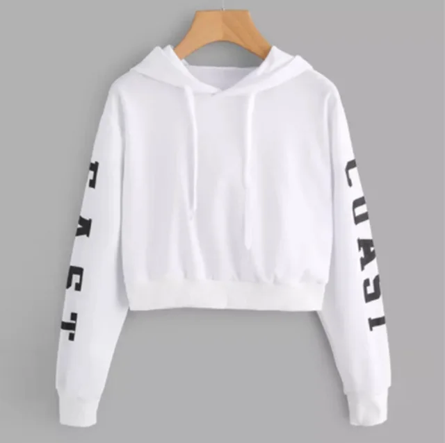 Hooded Short Letter Print Long sleeve Cropped Sweatshirt White - Shop at LoveMi