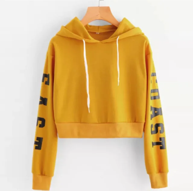 Hooded Short Letter Print Long sleeve Cropped Sweatshirt Yellow - Shop at LoveMi