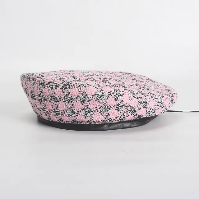 Small Fragrance Tweed Beret With Adjustable Leather Edges Pink - Shop at LoveMi