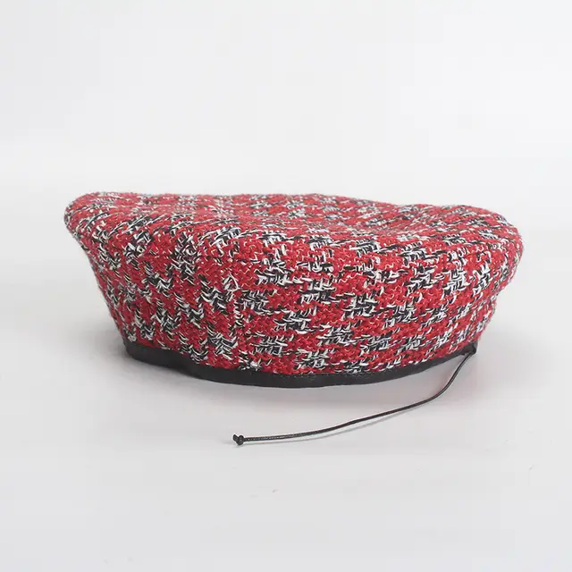 Small Fragrance Tweed Beret With Adjustable Leather Edges Red - Shop at LoveMi