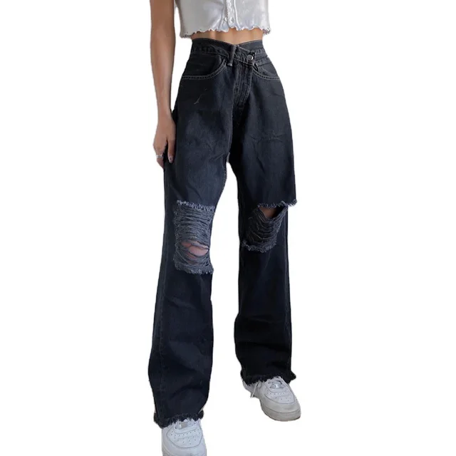 Tear rimmed High waisted Straight Leg Jeans To Look Slim Black - Shop at LoveMi