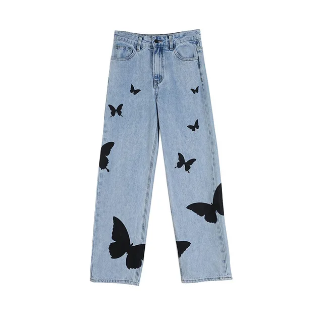 Women's Butterfly Light Color Jeans Straight Wide Leg Pants Light Blue - Shop at LoveMi