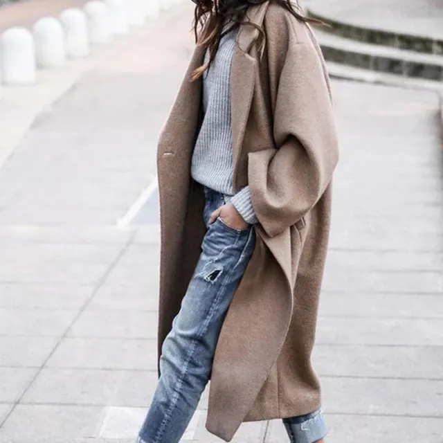 Fashion Long Solid Color Lapel Coat Warm Coat Camel - Shop at LoveMi